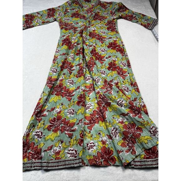 Paisley & Pomegranate Nila Rubia Hand-Block Floral Maxi Wrap Dress Teal LG - Picture 2 of 8